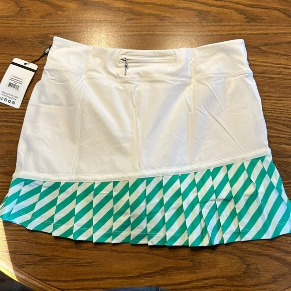 FlirTee Asymmetrical Pleated Golf Skirt White/Envy Green Stripes - Picture 2 of 16